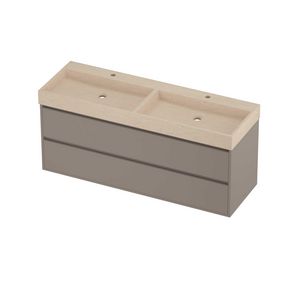 Evoli Set hardsteen Loft wastafel dubbele wasbak met 2 kraangaten en onderkast greeploos 2 laden symmetrisch in kader 1400x460x620mm Sand stone/Clay beige
