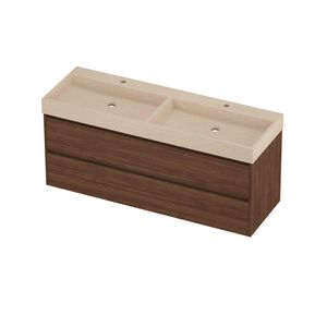 Evoli Set hardsteen Loft wastafel dubbele wasbak met 2 kraangaten en onderkast greeploos 2 laden symmetrisch in kader 1400x460x620mm Sand stone/Indian walnut