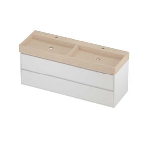 Evoli Set hardsteen Loft wastafel dubbele wasbak met 2 kraangaten en onderkast greeploos 2 laden symmetrisch in kader 1400x460x620mm Sand stone/matt white