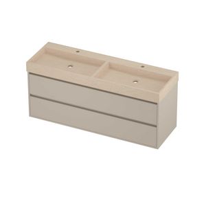 Evoli Set hardsteen Loft wastafel dubbele wasbak met 2 kraangaten en onderkast greeploos 2 laden symmetrisch in kader 1400x460x620mm Sand stone/Soft linen