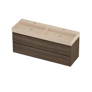 Evoli Set hardsteen Loft wastafel dubbele wasbak met 2 kraangaten en onderkast greeploos 2 laden symmetrisch in kader 1400x460x620mm Sand stone/Vital oak
