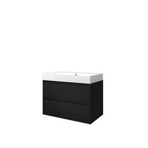 Set Proline polystone Loft wastafel glans wit met 1 kraangat onderkast symmetrisch mat zwart 80x46cm