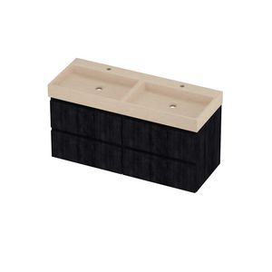 Evoli Set hardsteen Loft wastafel dubbele wasbak met 2 kraangaten en onderkast 4 laden symmetrisch gefreesd 1200x460x620mm Sand stone/Charcoal oak