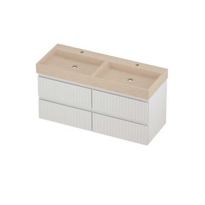 Evoli Set hardsteen Loft wastafel dubbele wasbak met 2 kraangaten en onderkast 4 laden symmetrisch gefreesd 1200x460x620mm Sand stone/glans wit