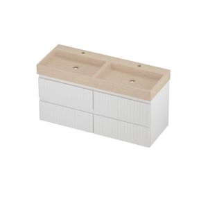 Evoli Set hardsteen Loft wastafel dubbele wasbak met 2 kraangaten en onderkast 4 laden symmetrisch gefreesd 1200x460x620mm Sand stone/mat wit