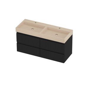 Evoli Set hardsteen Loft wastafel dubbele wasbak met 2 kraangaten en onderkast 4 laden symmetrisch gefreesd 1200x460x620mm Sand stone/mat zwart