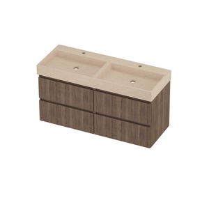 Evoli Set hardsteen Loft wastafel dubbele wasbak met 2 kraangaten en onderkast 4 laden symmetrisch gefreesd 1200x460x620mm Sand stone/Terra oak