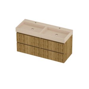 Evoli Set hardsteen Loft wastafel dubbele wasbak met 2 kraangaten en onderkast 4 laden symmetrisch gefreesd 1200x460x620mm Sand stone/Urban oak