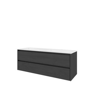 Set Proline polystone Elegant dubb. wastafel glans wit met 2 kraangaten onderkast symmetrisch black oak 140x46cm