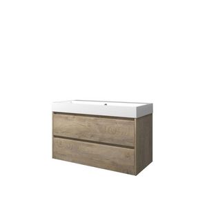 Set Proline polystone Loft wastafel glans wit zonder kraangat onderkast symmetrisch raw oak 100x46cm