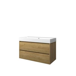 Set Proline polystone Loft wastafel glans wit zonder kraangat onderkast symmetrisch Ideal oak 100x46cm