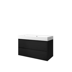 Set Proline polystone Loft wastafel glans wit zonder kraangat onderkast symmetrisch mat zwart 100x46cm