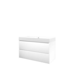 Set Proline polystone Loft wastafel glans wit met 1 kraangat onderkast symmetrisch mat wit 100x46cm