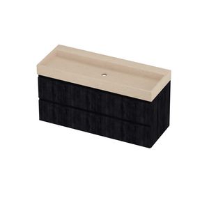 Evoli Set hardsteen Loft wastafel centraal zonder kraangat en onderkast symmetrisch gefreesd 1200x460x620mm Sand stone/Charcoal oak
