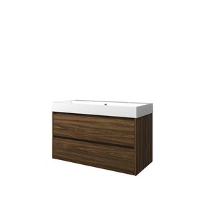 Set Proline polystone Loft wastafel glans wit met 2 kraangaten onderkast symmetrisch Cabana oak 100x46cm