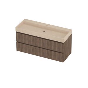 Evoli Set hardsteen Loft wastafel centraal met 1 kraangat en onderkast symmetrisch gefreesd 1200x460x620mm Sand stone/Terra oak