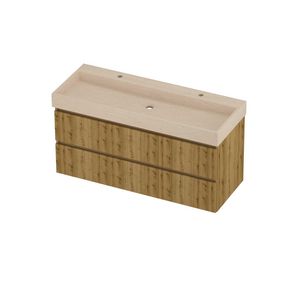 Evoli Set hardsteen Loft wastafel centraal met 2 kraangaten en onderkast symmetrisch gefreesd 1200x460x620mm Sand stone/Urban oak