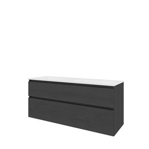 Set Proline polystone Elegant dubb. wastafel glans wit met 2 kraangaten onderkast asymmetrisch black oak 140x46cm