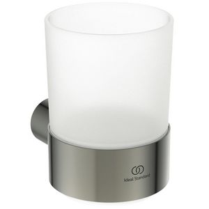 bekerhouder m beker van gesatineerd glas rond silver storm (rvs look) T