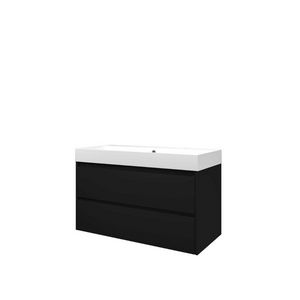 Set Proline polystone Loft wastafel mat wit met 2 kraangaten onderkast symmetrisch mat zwart 100x46cm