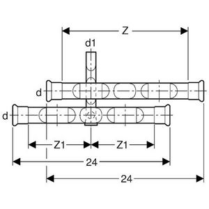 T-aansluitng tweepijps MAPRESS KOPER kruis-paar 22x15x22mm