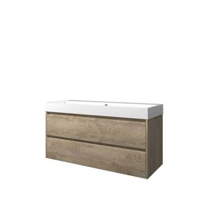 Set Proline polystone Loft enkele wastafel glans wit met 1 kraangat onderkast symmetrisch raw oak 120x46cm