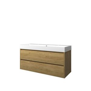 Set Proline polystone Loft enkele wastafel glans wit met 2 kraangaten onderkast symmetrisch Ideal oak 120x46cm