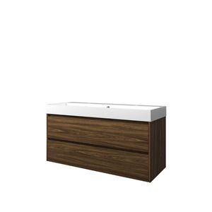 Set Proline polystone Loft enkele wastafel glans wit met 2 kraangaten onderkast symmetrisch Cabana oak 120x46cm