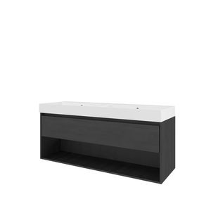 Set Proline polystone Loft dubb. wastafel glans wit zonder kraangat onderkast 1x lade+schap black oak 140x46cm