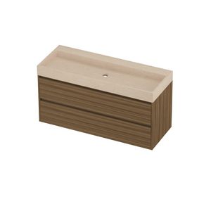 Evoli Set hardsteen Loft wastafel centraal zonder kraangat en onderkast greeploos 2 laden symmetrisch in kader 1200x460x620mm Sand stone/Caramel walnut