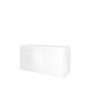 Set Proline polystone Loft enkele wastafel mat wit met 1 kraangat onderkast symmetrisch glans wit 120x46cm