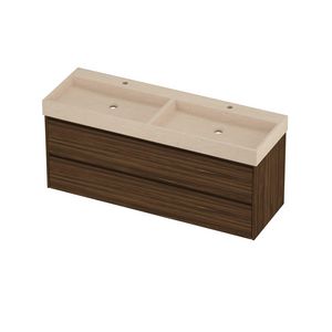 Evoli Set hardsteen Loft wastafel dubbele wasbak met 2 kraangaten en onderkast symmetrisch 1400x460x620mm Sand stone/Cabana oak