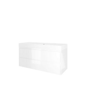 Set Proline polystone Loft enkele wastafel mat wit met 2 kraangaten onderkast symmetrisch glans wit 120x46cm