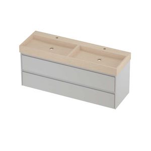 Evoli Set hardsteen Loft wastafel dubbele wasbak met 2 kraangaten en onderkast symmetrisch 1400x460x620mm Sand stone/glans wit