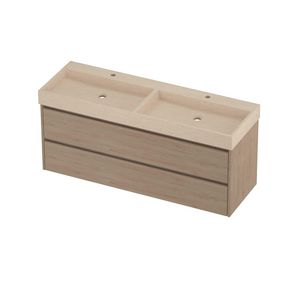 Evoli Set hardsteen Loft wastafel dubbele wasbak met 2 kraangaten en onderkast symmetrisch 1400x460x620mm Sand stone/Ideal oak