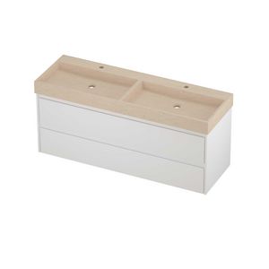 Evoli Set hardsteen Loft wastafel dubbele wasbak met 2 kraangaten en onderkast symmetrisch 1400x460x620mm Sand stone/mat wit