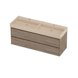 Evoli Set hardsteen Loft wastafel dubbele wasbak met 2 kraangaten en onderkast symmetrisch 1400x460x620mm Sand stone/Raw oak