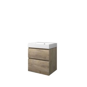 Set Proline polystone Loft wastafel glans wit zonder kraangat onderkast asymmetrisch raw oak 60x46cm