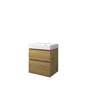 Set Proline polystone Loft wastafel glans wit zonder kraangat onderkast asymmetrisch Ideal oak 60x46cm