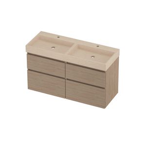Evoli Set hardsteen Loft wastafel dubbele wasbak met 2 kraangaten en onderkast 4 laden a-symmetrisch 1200x460x700mm Sand stone/Ideal oak