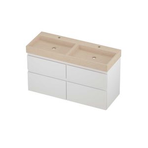 Evoli Set hardsteen Loft wastafel dubbele wasbak met 2 kraangaten en onderkast 4 laden a-symmetrisch 1200x460x700mm Sand stone/mat wit