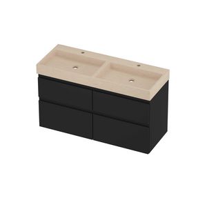 Evoli Set hardsteen Loft wastafel dubbele wasbak met 2 kraangaten en onderkast 4 laden a-symmetrisch 1200x460x700mm Sand stone/mat zwart