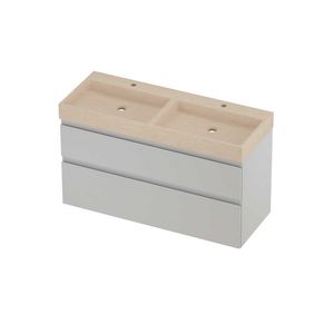 Evoli Set hardsteen Loft wastafel dubbele wasbak met 2 kraangaten en onderkast a-symmetrisch 1200x460x700mm Sand stone/glans wit