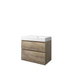 Set Proline polystone Loft wastafel glans wit met 1 kraangat onderkast asymmetrisch raw oak 80x46cm