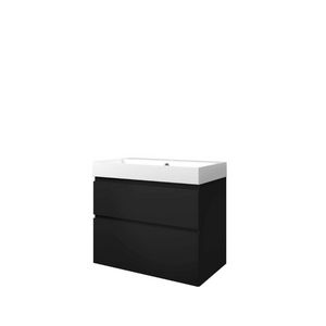 Set Proline polystone Loft wastafel glans wit met 1 kraangat onderkast asymmetrisch mat zwart 80x46cm
