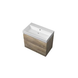 Set Proline polystone Loft wastafel mat wit zonder kraangat onderkast asymmetrisch raw oak 80x46cm