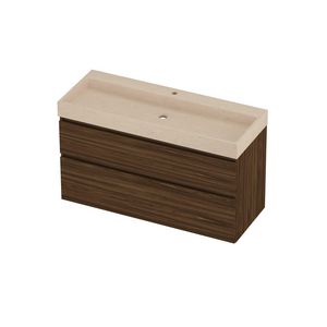 Evoli Set hardsteen Loft wastafel centraal met 1 kraangat en onderkast a-symmetrisch 1200x460x700mm Sand stone/Cabana oak