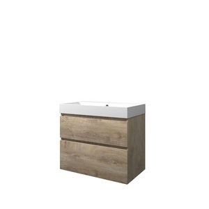 Set Proline polystone Loft wastafel mat wit met 1 kraangat onderkast asymmetrisch raw oak 80x46cm