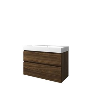 Set Proline polystone Loft wastafel glans wit zonder kraangat onderkast asymmetrisch cabana oak 100x46cm