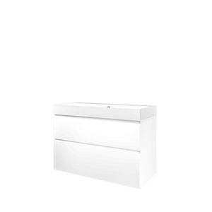 Set Proline polystone Loft wastafel glans wit zonder kraangat onderkast asymmetrisch mat wit 100x46cm